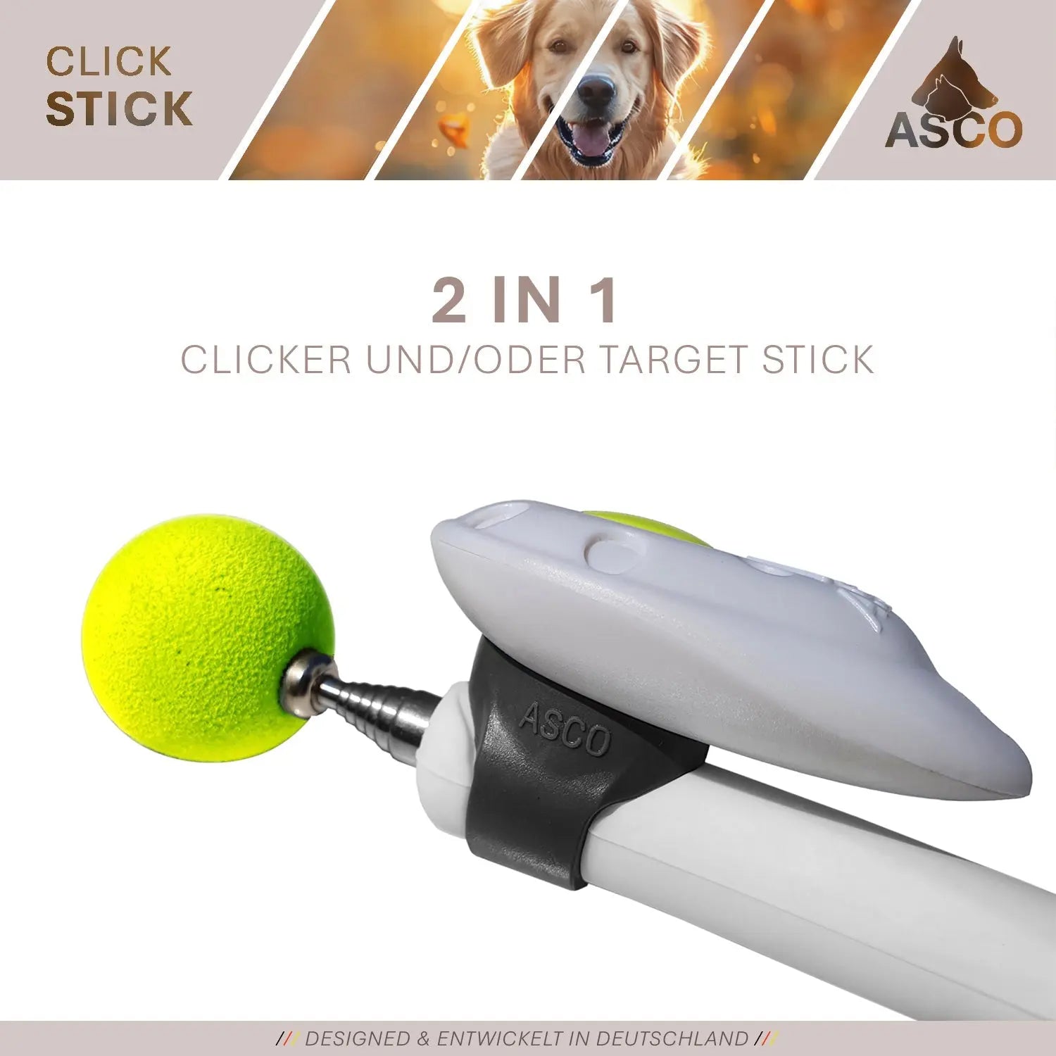 ASCO ClickStick - Target Stick mit abnehmbarem Premium Clicker - Target Stab für Hunde Katzen Clickertraining - Targetstick ausziehbar mit extra Klicker - Targetstab für Target-Training - Medikratz 