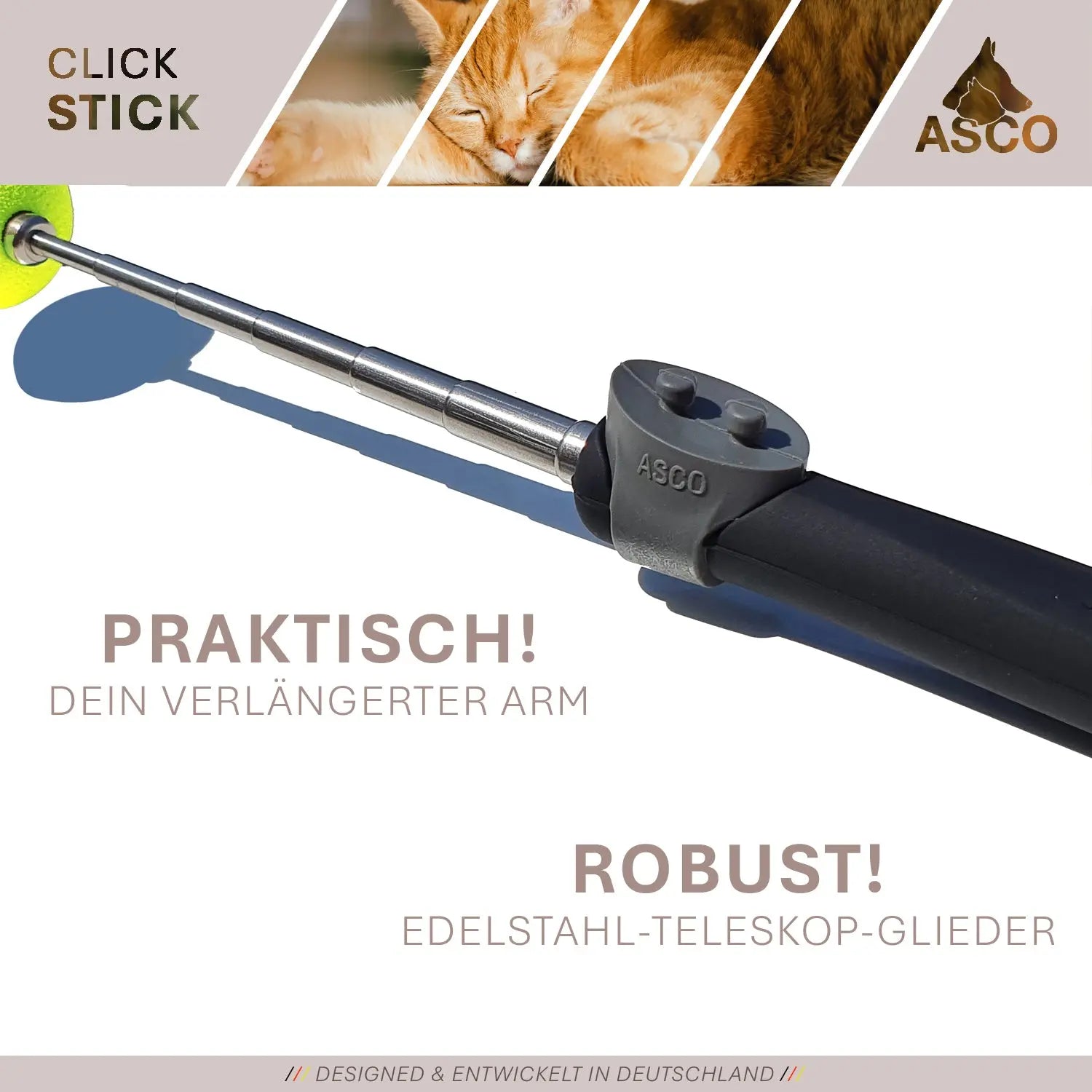 ASCO ClickStick - Target Stick mit abnehmbarem Premium Clicker - Target Stab für Hunde Katzen Clickertraining - Targetstick ausziehbar mit extra Klicker - Targetstab für Target-Training - Medikratz 