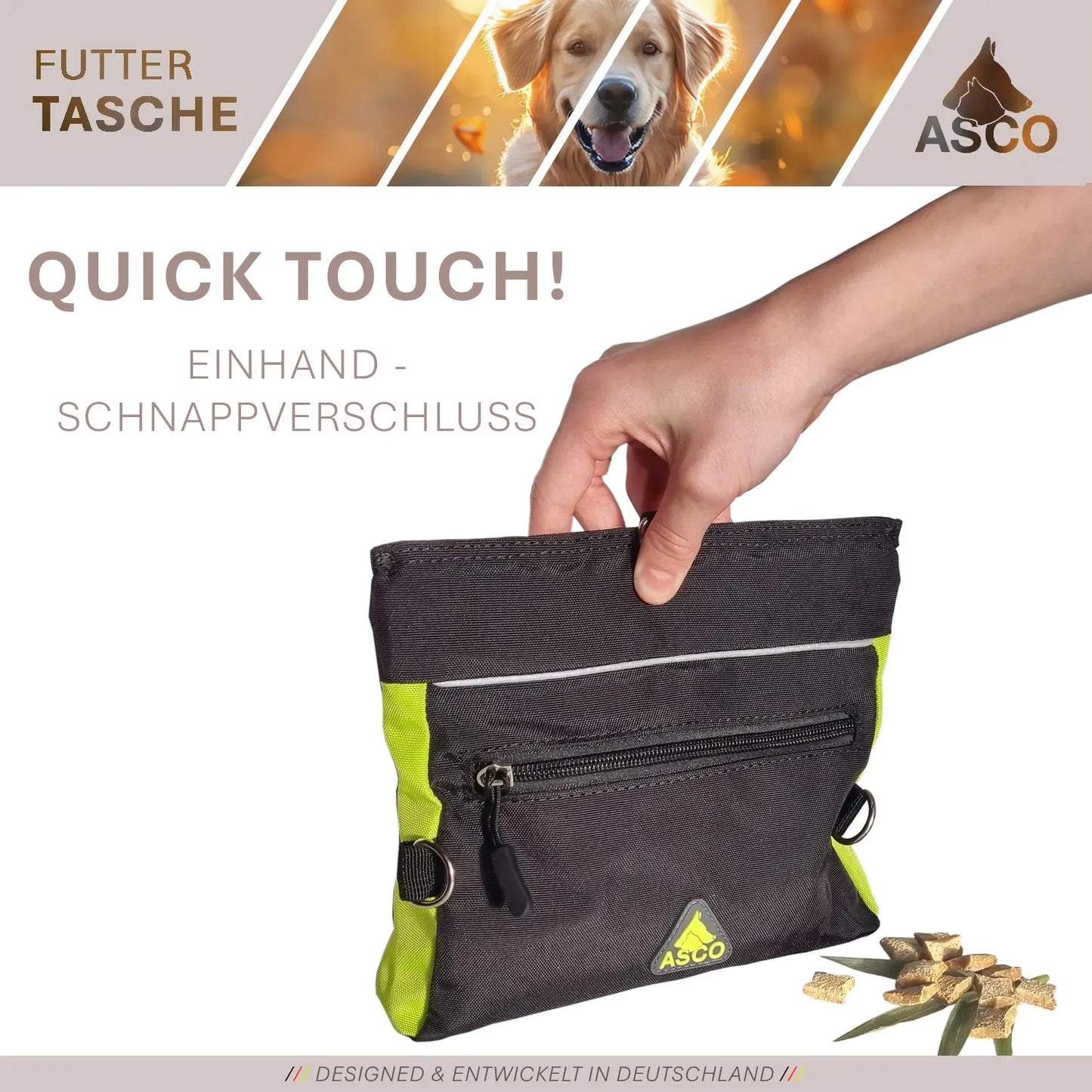 ASCO Futterbeutel mit Einhand-Schnappverschluss, Leckerlibeutel 20x20 cm, QuickTouch Leckerlietasche - Medikratz 