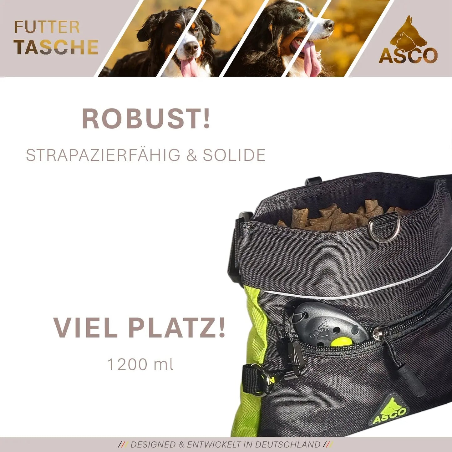 ASCO Futterbeutel mit Einhand-Schnappverschluss, Leckerlibeutel 20x20 cm, QuickTouch Leckerlietasche - Medikratz 