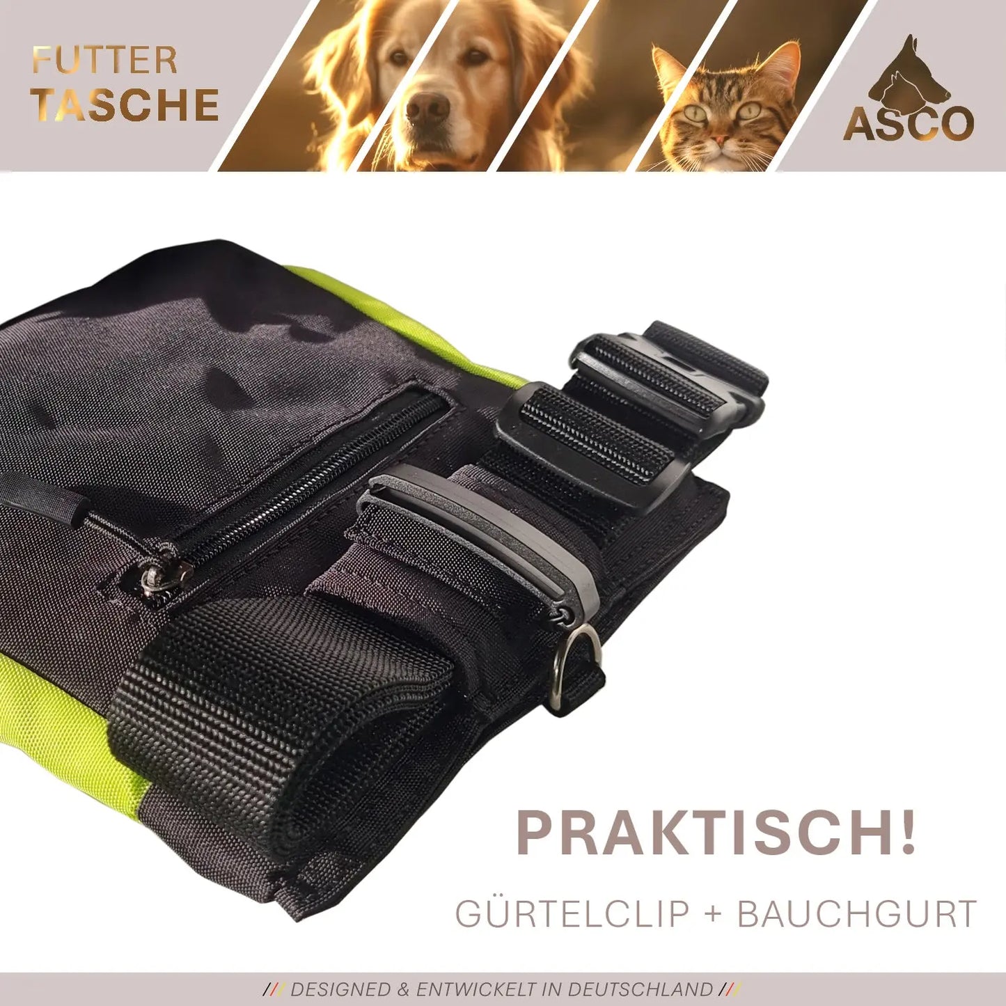 ASCO Futterbeutel mit Einhand-Schnappverschluss, Leckerlibeutel 20x20 cm, QuickTouch Leckerlietasche - Medikratz 