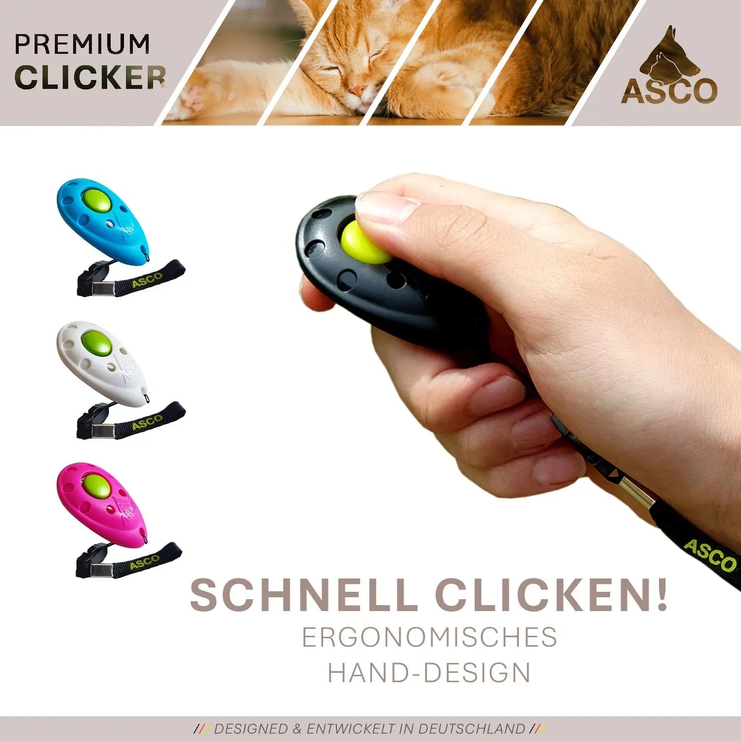ASCO Premium Clicker – Clickertraining Profi Klicker für Hunde, Katzen, Pferde - Medikratz 