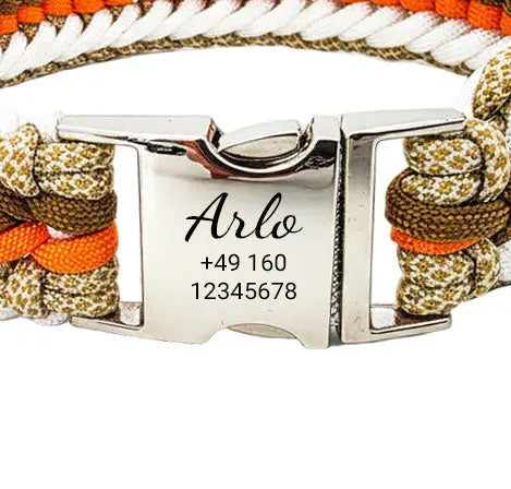 Arlo – Handgefertigtes Paracord Hundehalsband mit Gravur | Orange-Braun-Weiß-Beige - Medikratz 