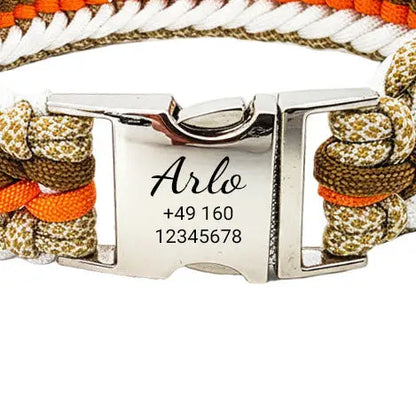 Arlo – Handgefertigtes Paracord Hundehalsband mit Gravur | Orange-Braun-Weiß-Beige - Medikratz 