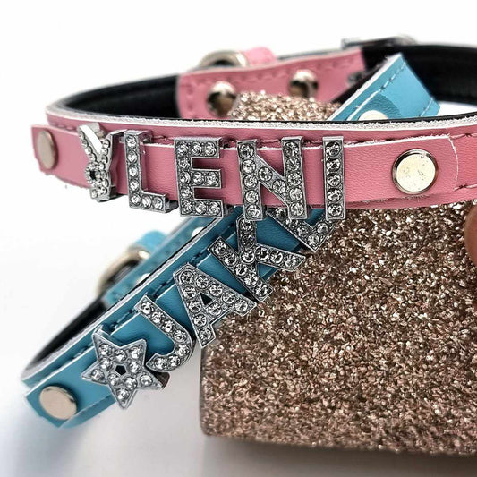 Edles Hundehalsband aus Leder personalisiert mit Glitzersteinen + Symbol - Medikratz 
