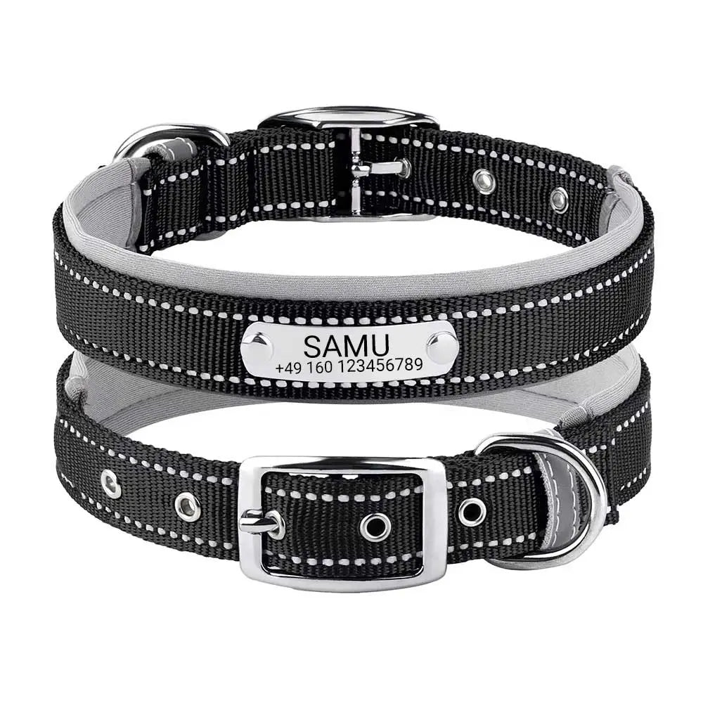 Graviertes Hundehalsband "Samu" mit Reflektor-Sicherheitsnähten. Personalisierung mit Name und Telefon - Medikratz 
