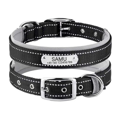 Graviertes Hundehalsband "Samu" mit Reflektor-Sicherheitsnähten. Personalisierung mit Name und Telefon - Medikratz 