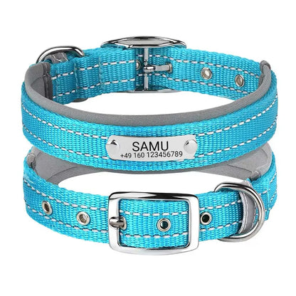 Graviertes Hundehalsband "Samu" mit Reflektor-Sicherheitsnähten. Personalisierung mit Name und Telefon - Medikratz 