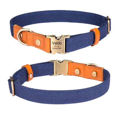 Hundehalsband "Valdo" mit Gravur – robustes PE-Gewebe & Leder – Messing matt – Marineblau, Hellblau oder Grün (S–L) - Medikratz 
