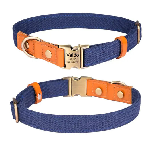 Hundehalsband "Valdo" mit Gravur – robustes PE-Gewebe & Leder – Messing matt – Marineblau, Hellblau oder Grün (S–L) - Medikratz 