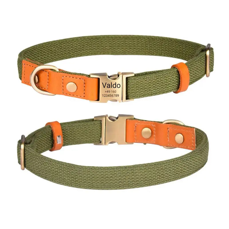 Hundehalsband "Valdo" mit Gravur – robustes PE-Gewebe & Leder – Messing matt – Marineblau, Hellblau oder Grün (S–L) - Medikratz 