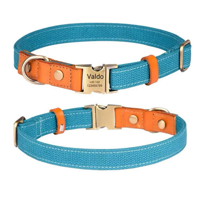 Hundehalsband "Valdo" mit Gravur – robustes PE-Gewebe & Leder – Messing matt – Marineblau, Hellblau oder Grün (S–L) - Medikratz 
