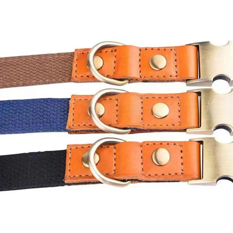 Hundehalsband "Valdo" mit Gravur – robustes PE-Gewebe & Leder – Messing matt – Marineblau, Hellblau oder Grün (S–L) - Medikratz 