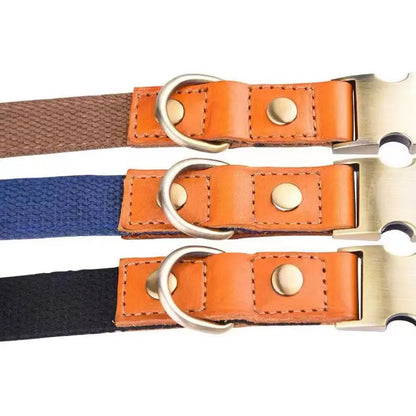 Hundehalsband "Valdo" mit Gravur – robustes PE-Gewebe & Leder – Messing matt – Marineblau, Hellblau oder Grün (S–L) - Medikratz 