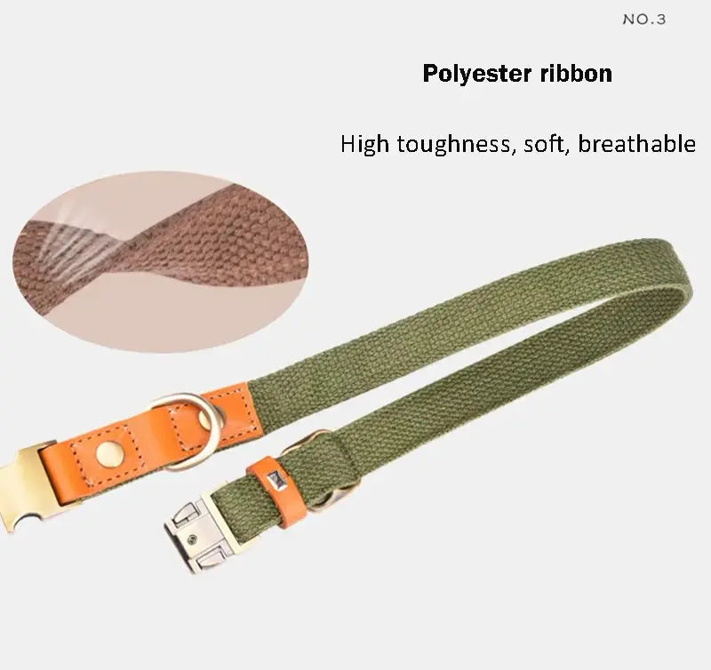 Hundehalsband "Valdo" mit Gravur – robustes PE-Gewebe & Leder – Messing matt – Marineblau, Hellblau oder Grün (S–L) - Medikratz 