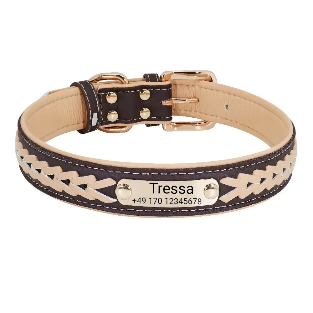 Hundehalsband mit Namen "Tressa". Gravur von Name und Telefon, in drei verschiedenen Größen - Medikratz 