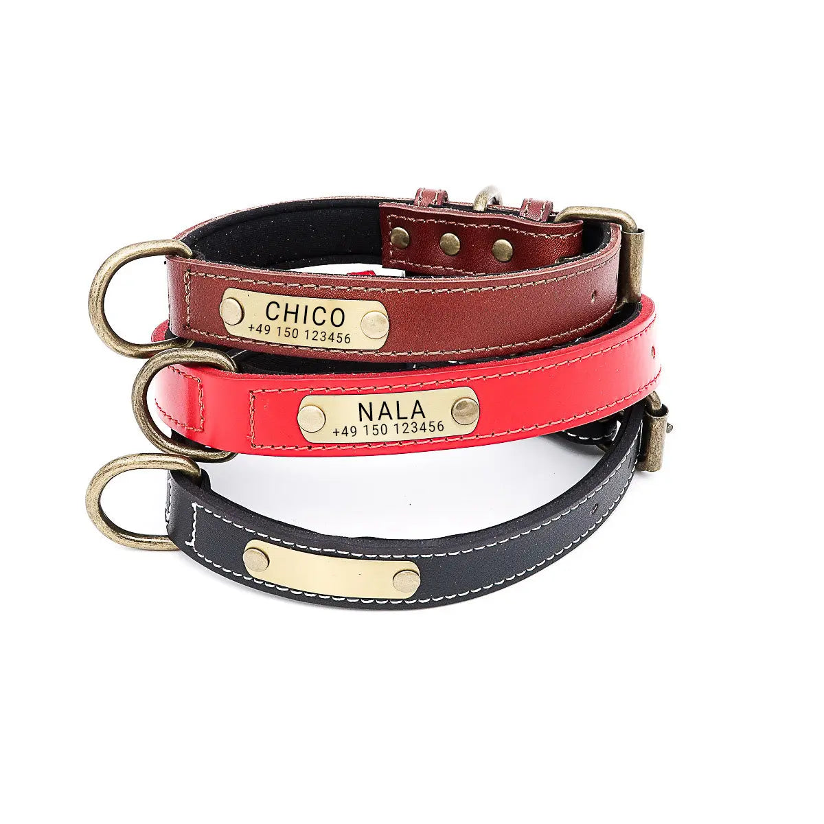 Hundehalsband mit Namen auf Messingschild aus hochwertigem Leder, Innenpolsterung aus Neopren, 2 massive D-Ringe - Medikratz 