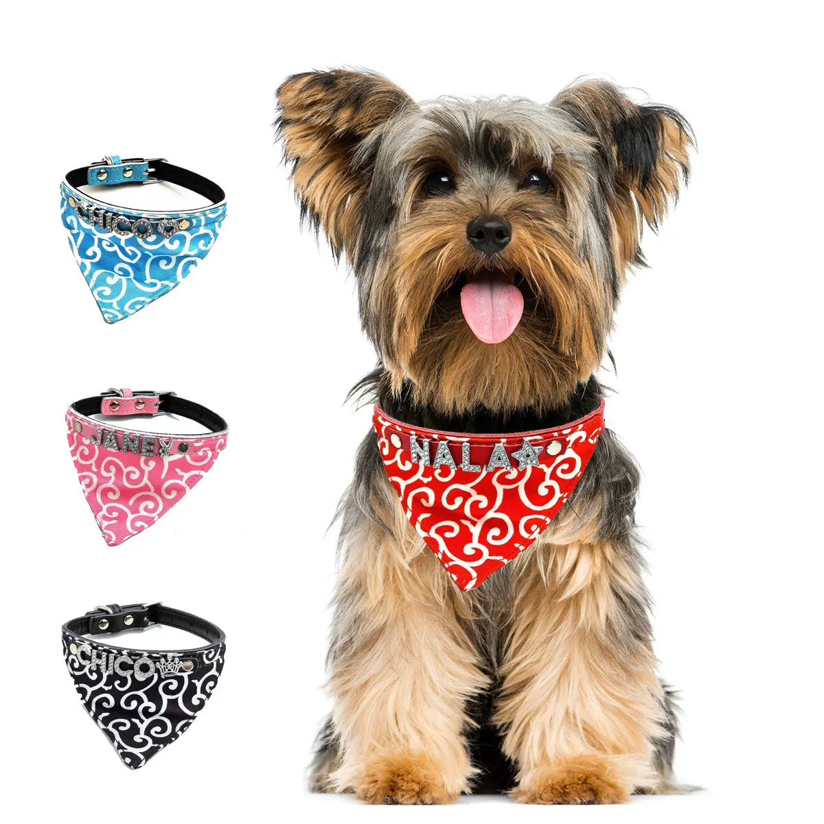 Hundehalstuch mit Namen und Hundehalsband aus echtem Leder. Besetzt mit glitzer Strass-Buchstaben - Medikratz 
