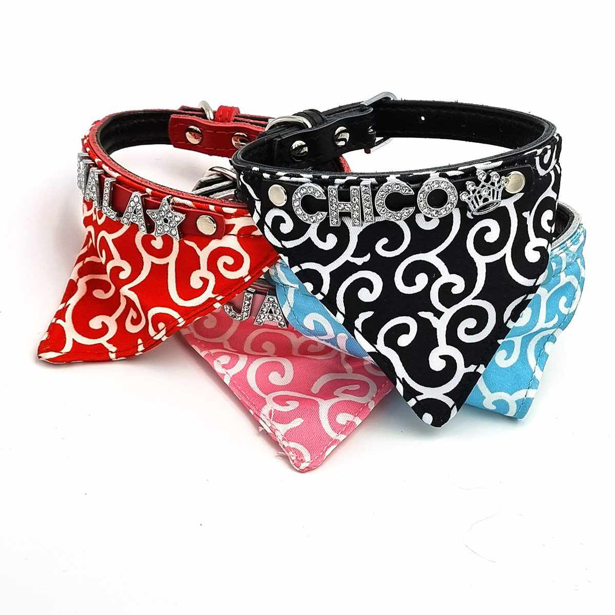 Hundehalstuch mit Namen und Hundehalsband aus echtem Leder. Besetzt mit glitzer Strass-Buchstaben - Medikratz 