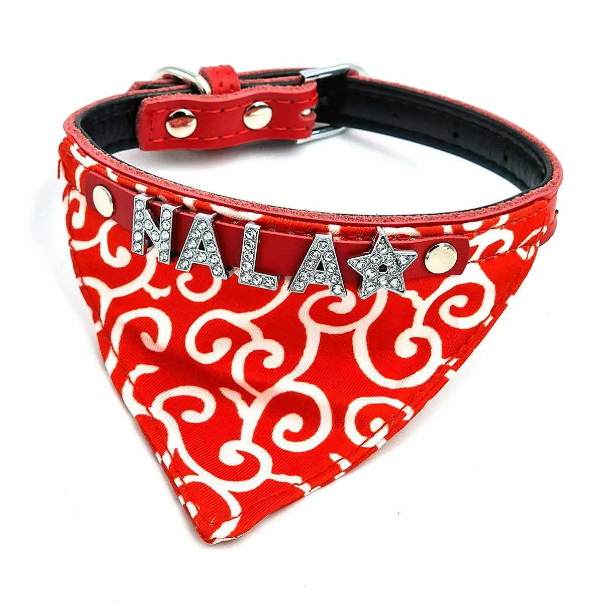 Hundehalstuch mit Namen und Hundehalsband aus echtem Leder. Besetzt mit glitzer Strass-Buchstaben - Medikratz 