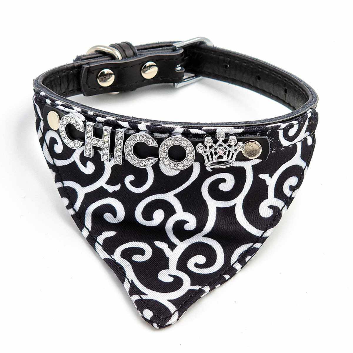 Hundehalstuch mit Namen und Hundehalsband aus echtem Leder. Besetzt mit glitzer Strass-Buchstaben - Medikratz 