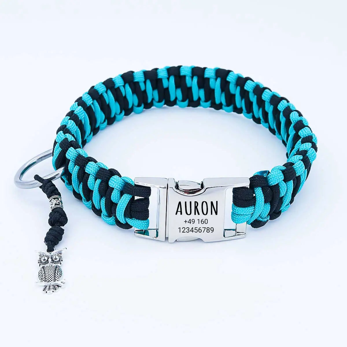 Paracord Hundhalsband "Auron" mit Gravur von Name und Telefon auf der Schnalle, drei verschiedene Größen - Medikratz 