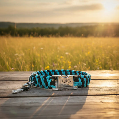 Paracord Hundhalsband "Auron" mit Gravur von Name und Telefon auf der Schnalle, drei verschiedene Größen - Medikratz 